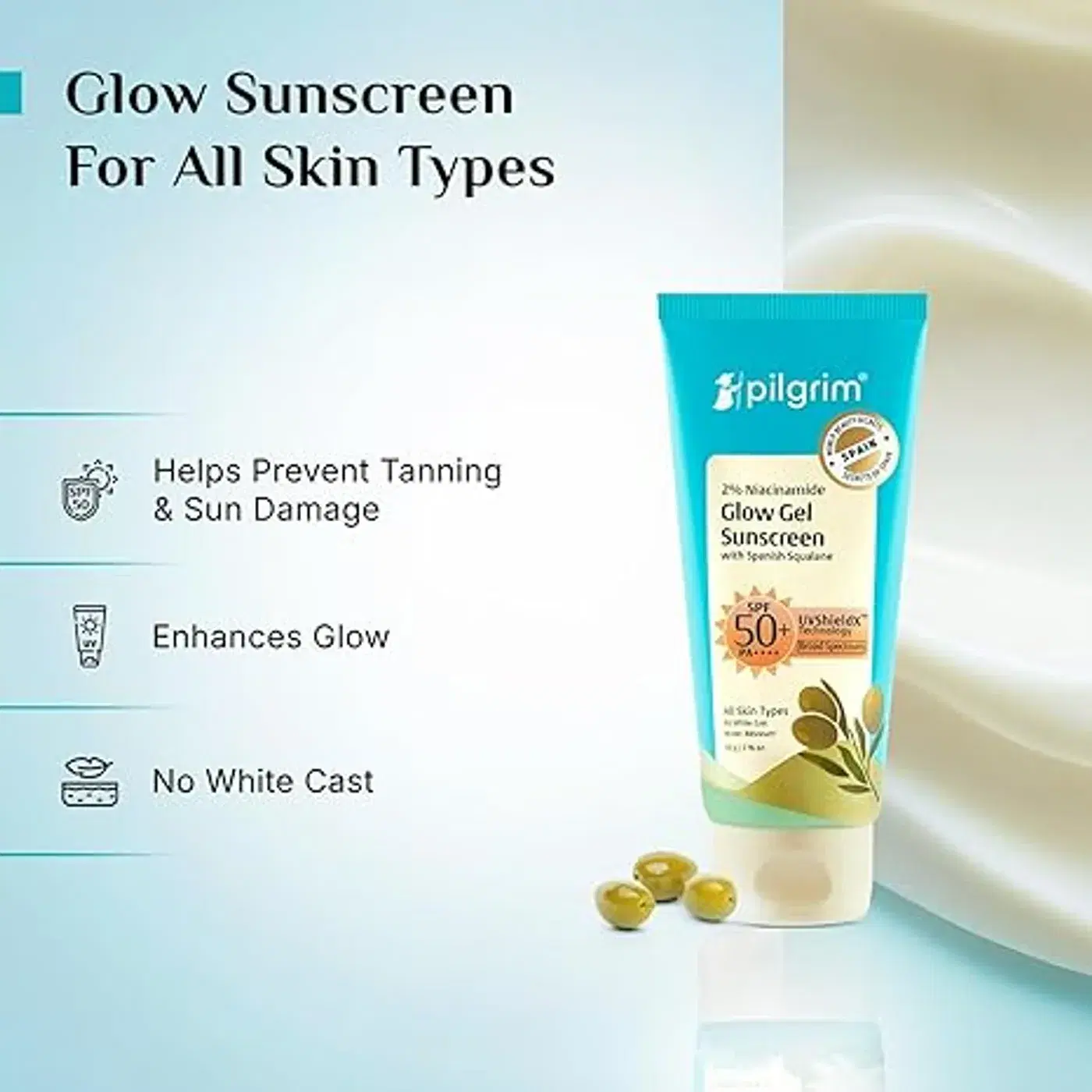Pilgrim 2% Niacinamide Glow Sunscreen SPF 50 +++ for men and women with Spanish Squalane | Enhances Glow, Broad spectrum, Non-greasy, No white cast & Prevents Tanning | All skin types | 50 gm 5