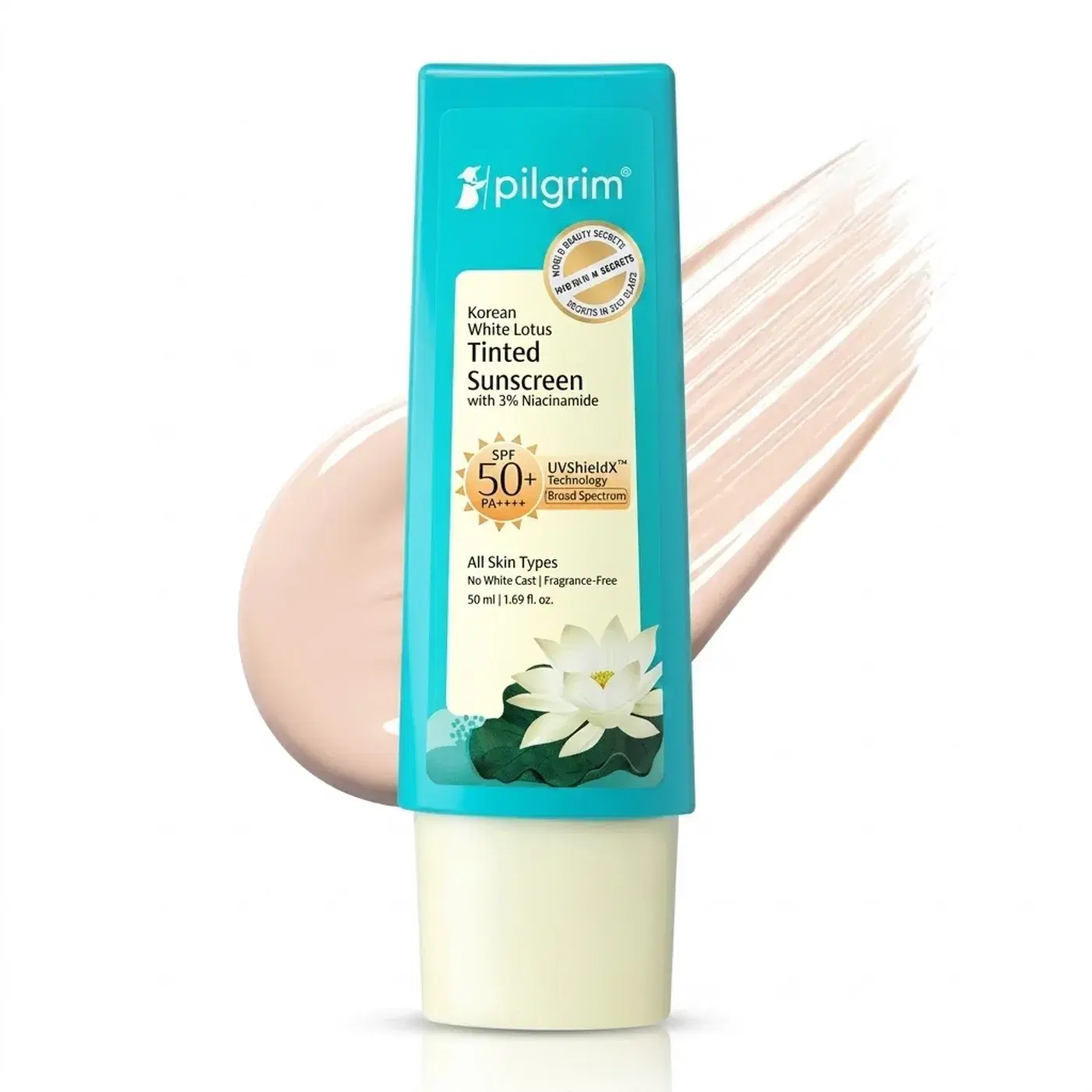पिलग्रिम कोरियन व्हाइट लोटस टिंटेड सनस्क्रीन SPF 50+ PA++++ 3% नियासिनमाइड के साथ | सफेद निशान नहीं छोड़ता | टैनिंग से बचाता है | हल्का | सभी प्रकार की त्वचा के लिए | महिलाओं और पुरुषों के लिए