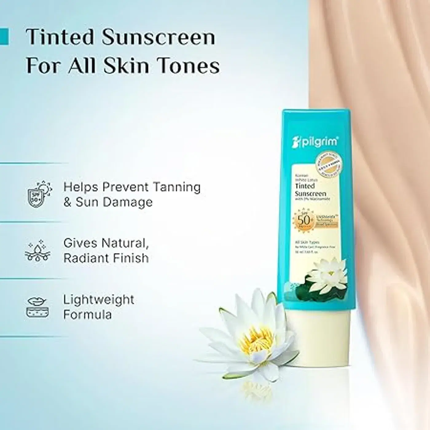 पिलग्रिम कोरियन व्हाइट लोटस टिंटेड सनस्क्रीन SPF 50+ PA++++ 3% नियासिनमाइड के साथ | सफेद निशान नहीं छोड़ता | टैनिंग से बचाता है | हल्का | सभी प्रकार की त्वचा के लिए | महिलाओं और पुरुषों के लिए 3