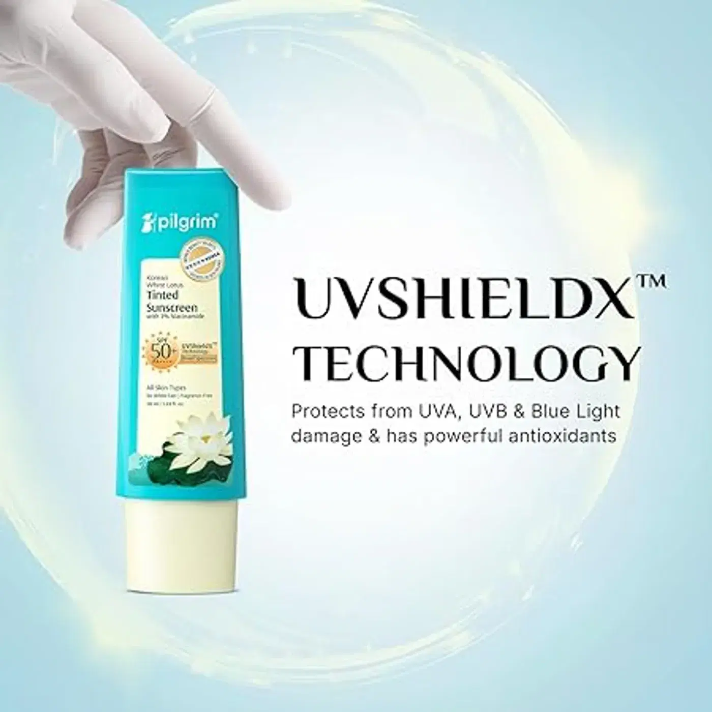 पिलग्रिम कोरियन व्हाइट लोटस टिंटेड सनस्क्रीन SPF 50+ PA++++ 3% नियासिनमाइड के साथ | सफेद निशान नहीं छोड़ता | टैनिंग से बचाता है | हल्का | सभी प्रकार की त्वचा के लिए | महिलाओं और पुरुषों के लिए 5
