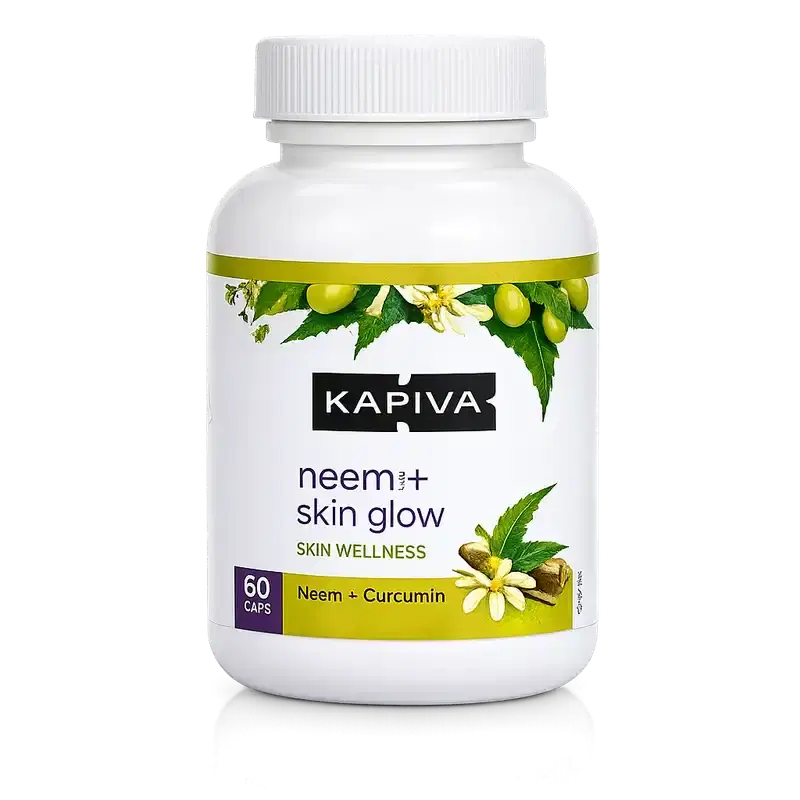 Kapiva Neem + Skinglow Capsules | ముఖం పొడిబారడాన్ని ఎదుర్కోవడంలో మరియు మృత కణాలను తొలగించడంలో సహాయపడుతుంది | నీమ్ మరియు కర్క్యూమిన్ యొక్క మేలు