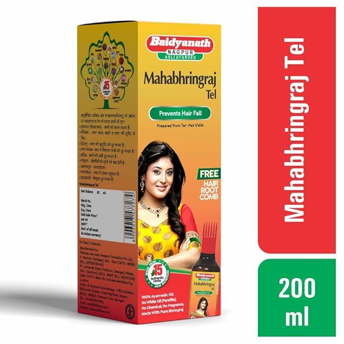 Baidyanath Mahabhringraj Tel 200ml: Nourish Scalp, Reduce Hairfall बैद्यनाथ महाभृंगराज तेल - 200 मिली | टाळूला पोषण देण्यासाठी, केसांच्या वाढीस मदत करण्यासाठी आणि केस गळणे कमी करण्यासाठी उपयुक्त | सर्व प्रकारच्या केसांसाठी आयुर्वेदिक प्रोप्रायटरी औषध