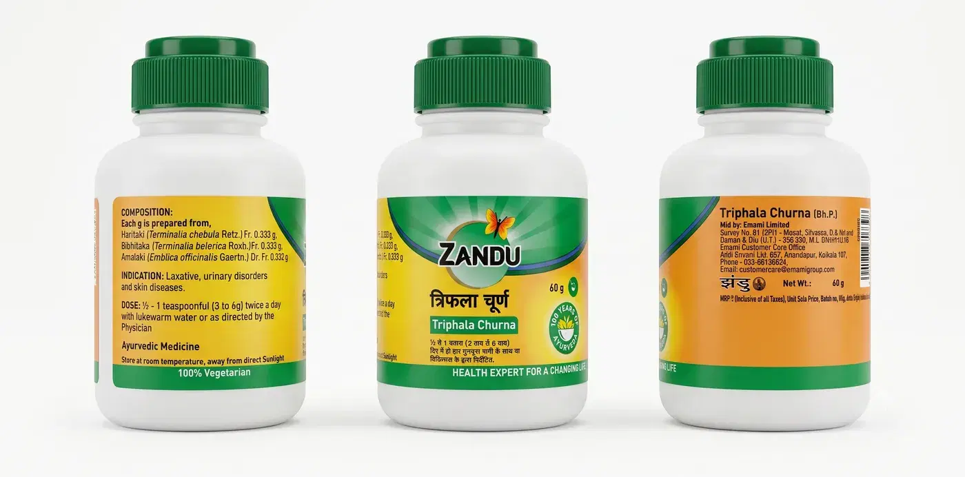 Buy Zandu Triphala Churna (60g) | Digestive Detox & Immunity | Quikdu Zandu Triphala Churna - Ayurvedic Digestive Detox & Immunity Booster