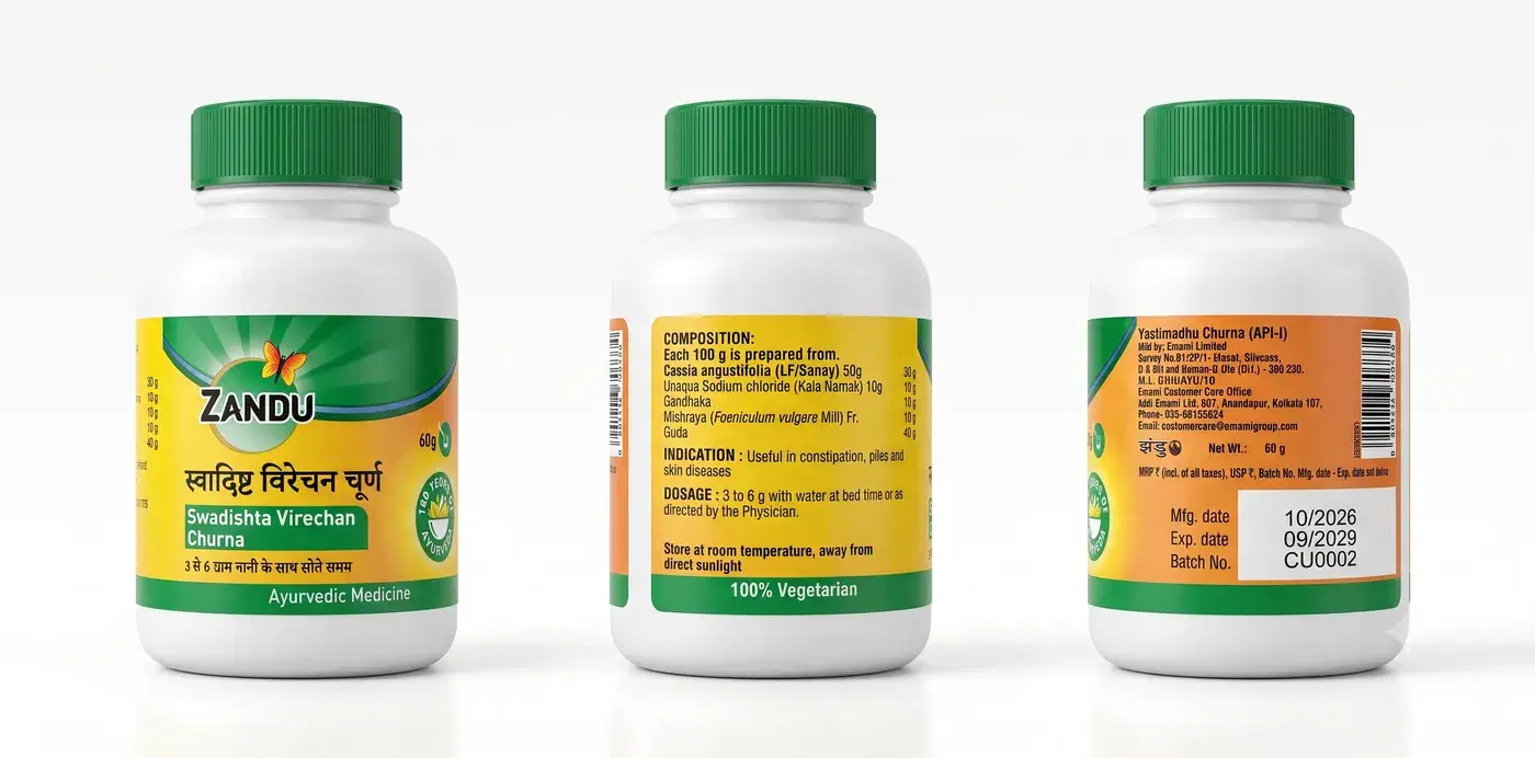 Zandu Swadishta Virechan Churna - Ayurvedic Laxative & Blood Purifier for Skin Health